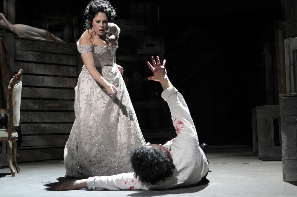 Sondra Radvanovsky as Tosca, with Lado Ataneli as Scarpia. Photo: Robert Millard