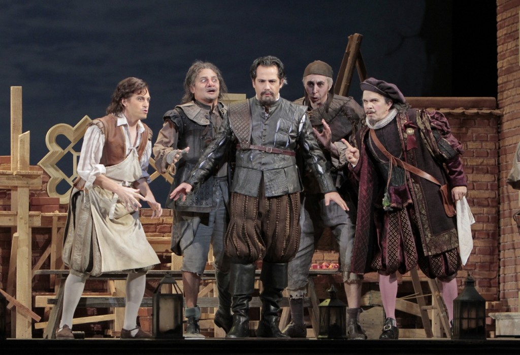 Left to right: Juan Francisco Gatell (Fenton), Rodell Rosel (Bardolph), Marco Caria (Ford), Valentin Anikin (Pistol), Robert Brubaker (Dr. Caius). Photo: Robert Millard Los Angeles Opera presents Verdi’s ‘Falstaff’