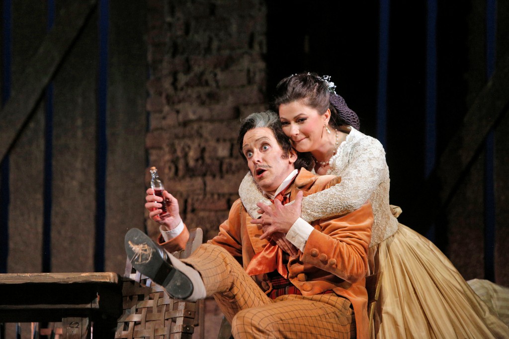 Kevin Burdette (Dulcamara) and Tatiana Lisnic (Adina). Photo by Cory Weaver.