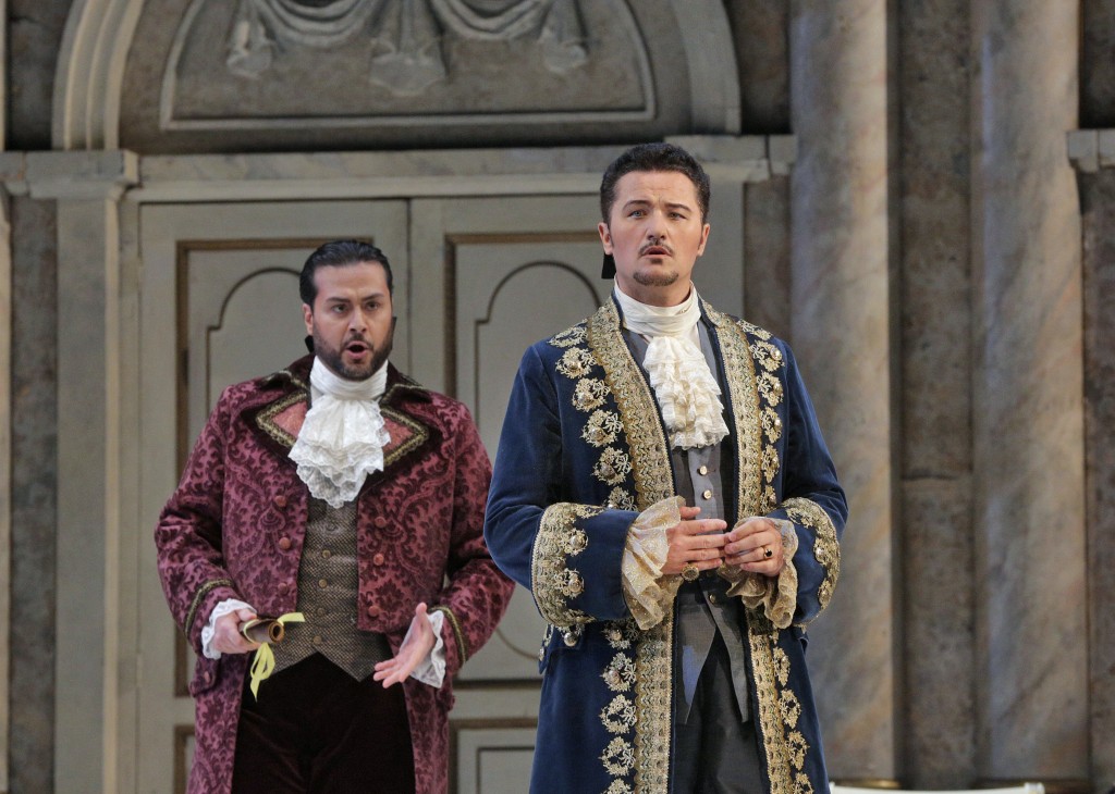 Renato (Aris Argiris) and Gustav/Riccardo (Piotr Beczala). Photo by Ken Howard.