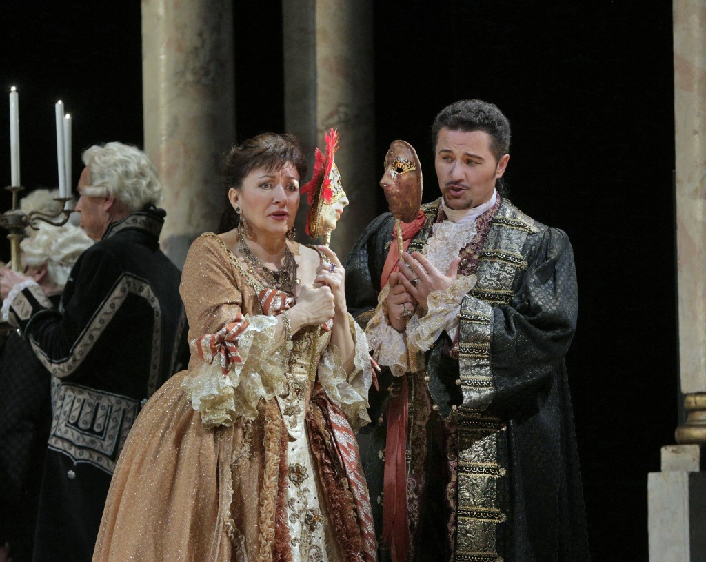 Amelia Anckarström (Krassimira Stoyanova) and Gustav III, King of Sweden (Piotr Beczala). Photo by Ken Howard.