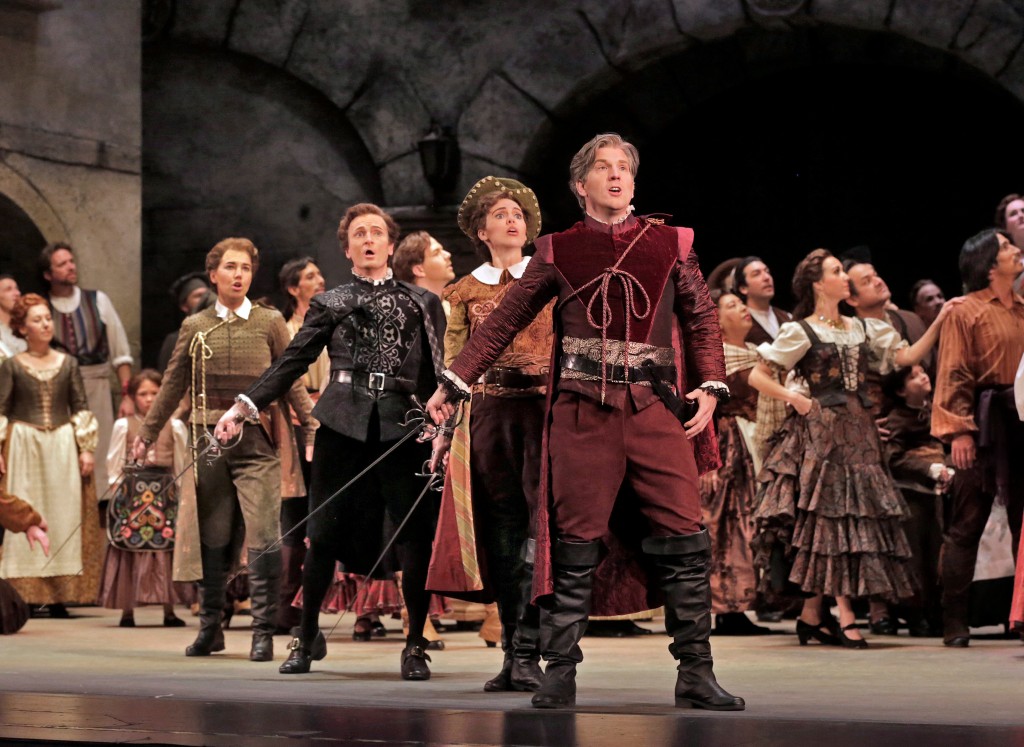 (L-R) Soprano Susannah Biller is Garcias, tenor Joel Sorensen is Rodriguez, soprano Micaela Oeste is Pedro, and tenor Simeon Esper is Juan in San Diego Opera's DON QUIXOTE, April 2014. Photo copyright Ken Howard. 