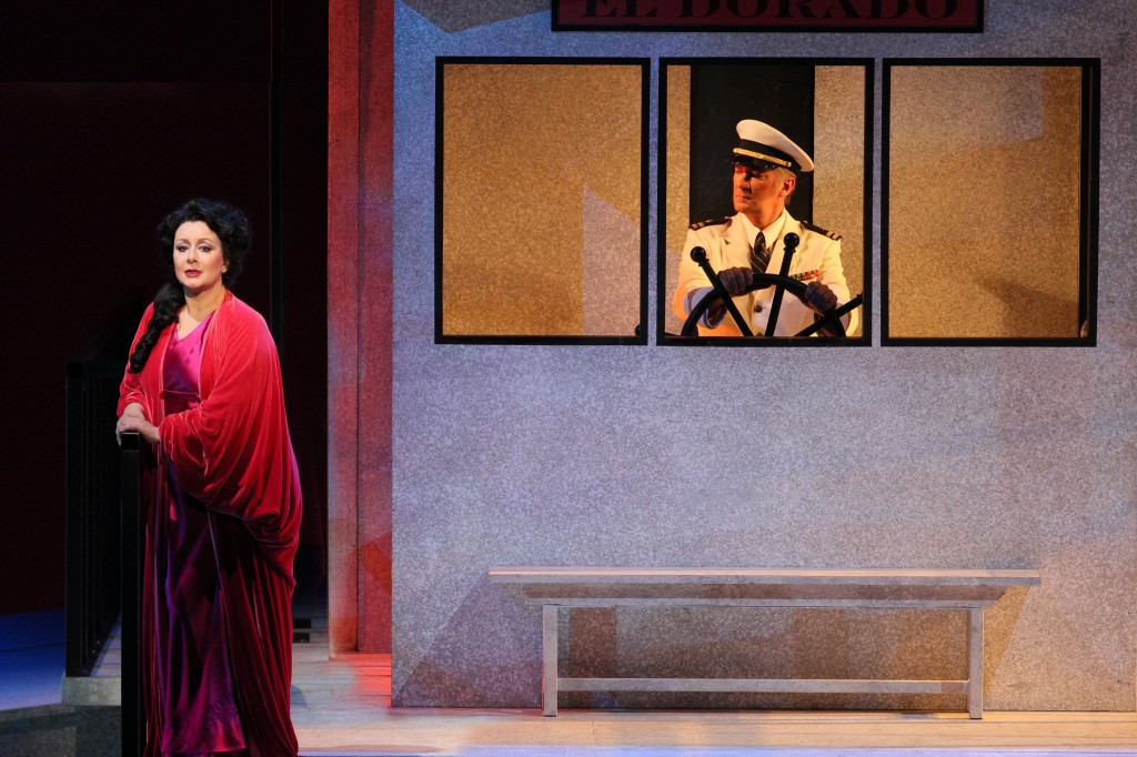 Soprano Veronica Villarroel as Florencia Grimaldi and bass-baritone David Pittsinger as the Captain. (Photo: Craig T. Mathew / LA Opera)