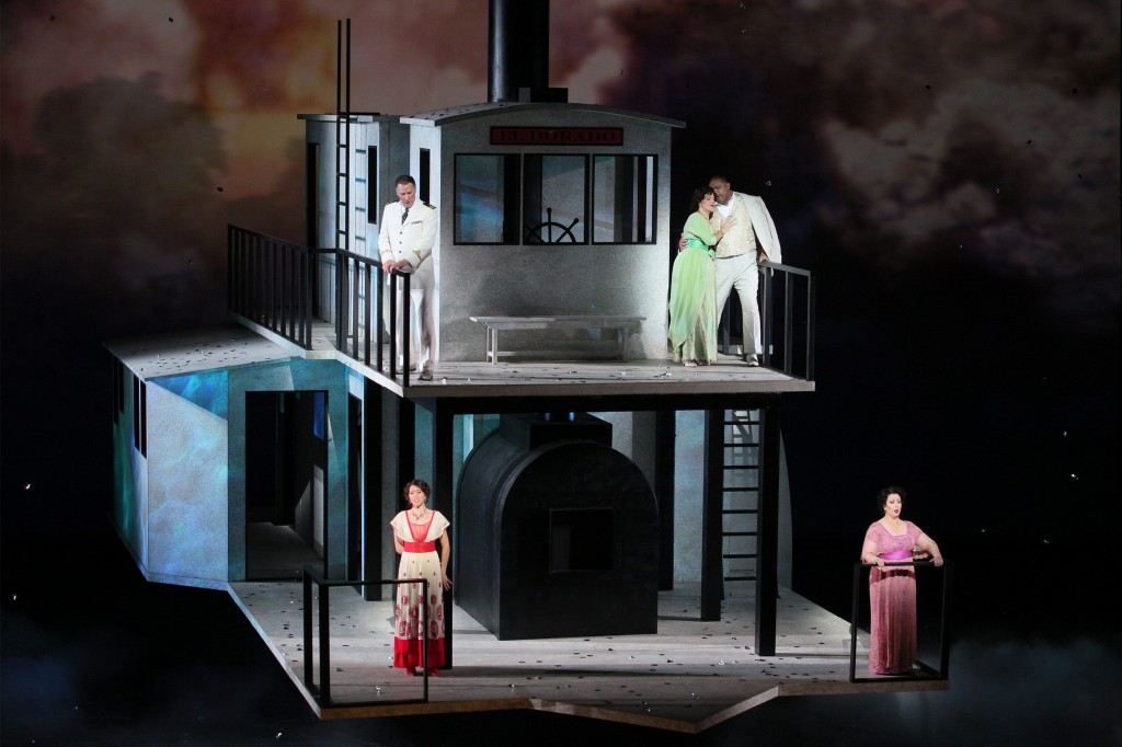 Clockwise from top left: David Pittsinger (Captain), Nancy Fabiola Herrera (Paula), Gordon Hawkins (Alvaro), Veronica Villarroel (Florencia) and Lisette Oropesa (Rosalba). Photo: Craig T. Mathew / LA Opera