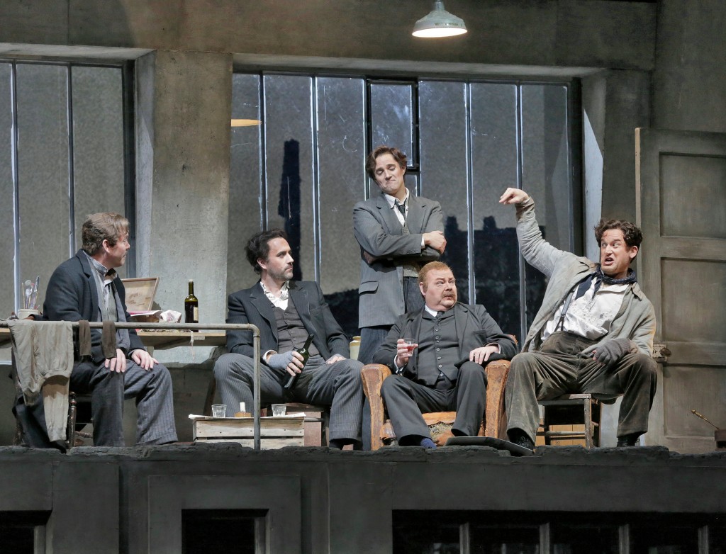 (L-R) Baritone Malcolm MacKenzie is Schaunard, bass-baritone Christian Van Horn is Colline, tenor Harold Meers is Rodolfo, bass Scott Sikon is Benoit and baritone Morgan Smith in Marcello in San Diego Opera's LA BOHEME (January/February 2015). Photo by Ken Howard, 2015.