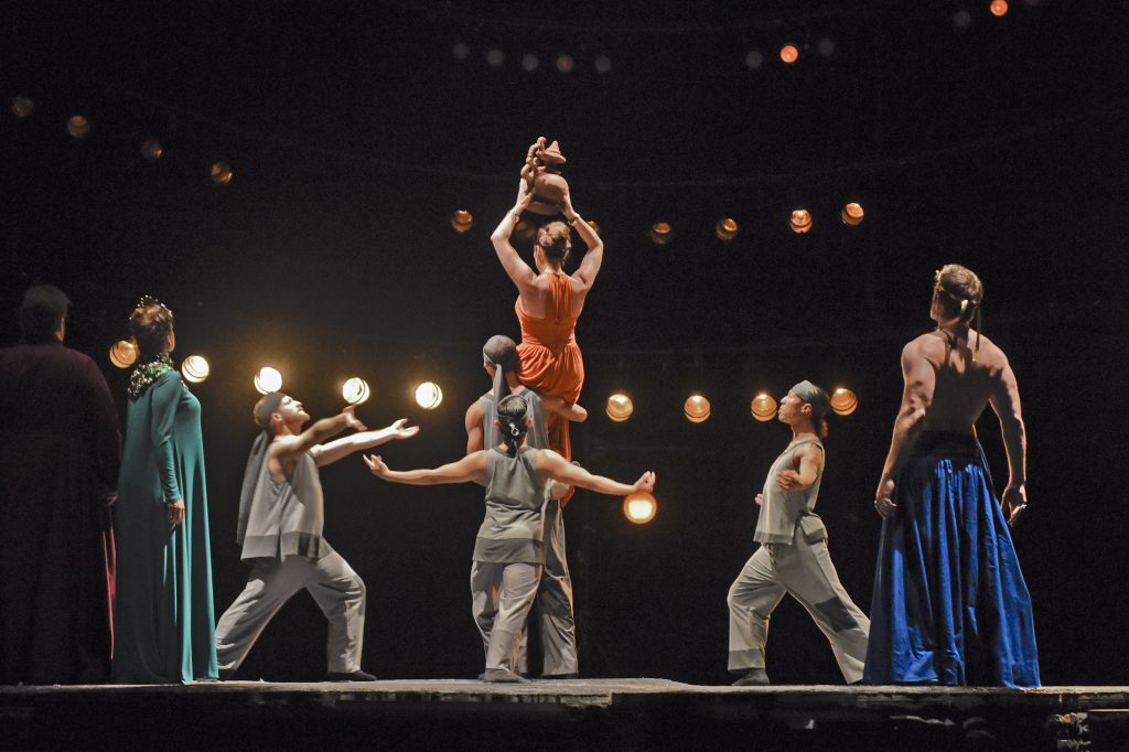 Second time around for the campy “Fountain Dance,” this time viewed from behind. A scene from "Rosa Dolorosa, Figlia di Pompei" the opera within the opera GREAT SCOTT. Photo by Karen Almond, 2016.