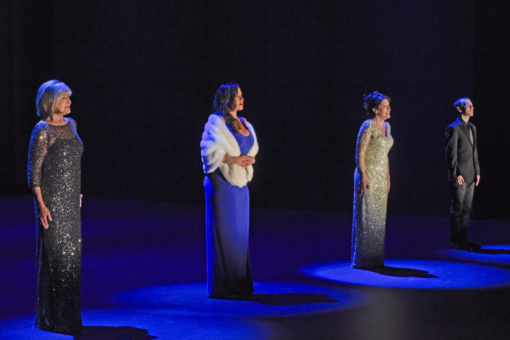 A quartet, not a trio, but shades of "Der Rosenkavalier" ! (L-R) Mezzo-soprano Frederica von Stade as Winnie Flato, soprano Joyce El-Khoury as Tatyana Bakst, mezzo-soprano Kate Aldrich as Arden Scott, and countertenor Anthony Roth Costanzo as Roane Heckle in San Diego Opera's GREAT SCOTT, 2016. Photo by Karen Almond.