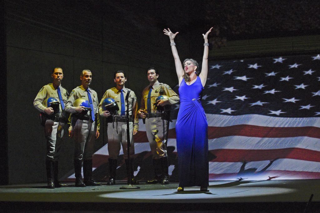 Wild Super Bowl "variations" on the Star Spangled Banner. Soprano Joyce El-Khoury is Tatyana Bakst in San Diego Opera's GREAT SCOTT, 2016. Photo by Karen Almond. 